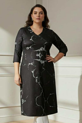 Plus Size Black Marble V Neck SnugWeave™ Winter Kurta