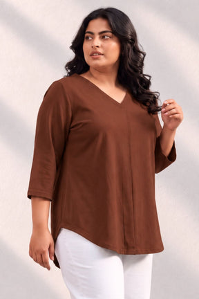 Plus Size SoftEase V Neck Brown Cotton Top
