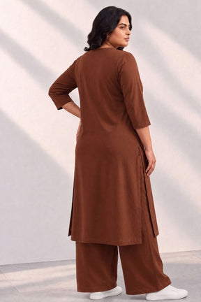 Plus Size SoftEase V Neck Brown Cotton Kurta Coord Set