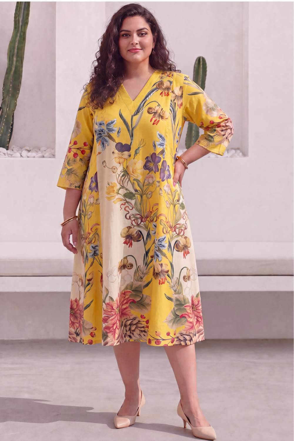 Floral Charm Yellow Plus Size Midi Dress