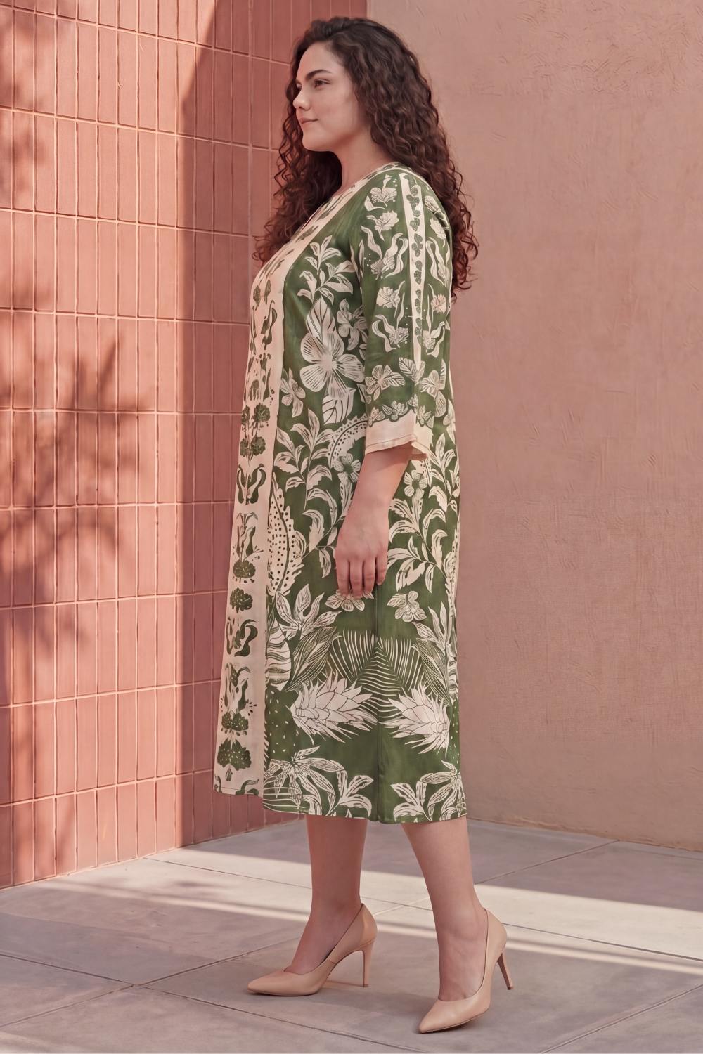 Plus Size Olive Grace Printed Cotton Midi Dress for Women