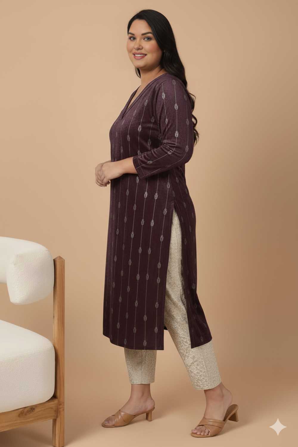 Plus Size Plus Size Purple V Neck SnugWeave™ Winter Kurta