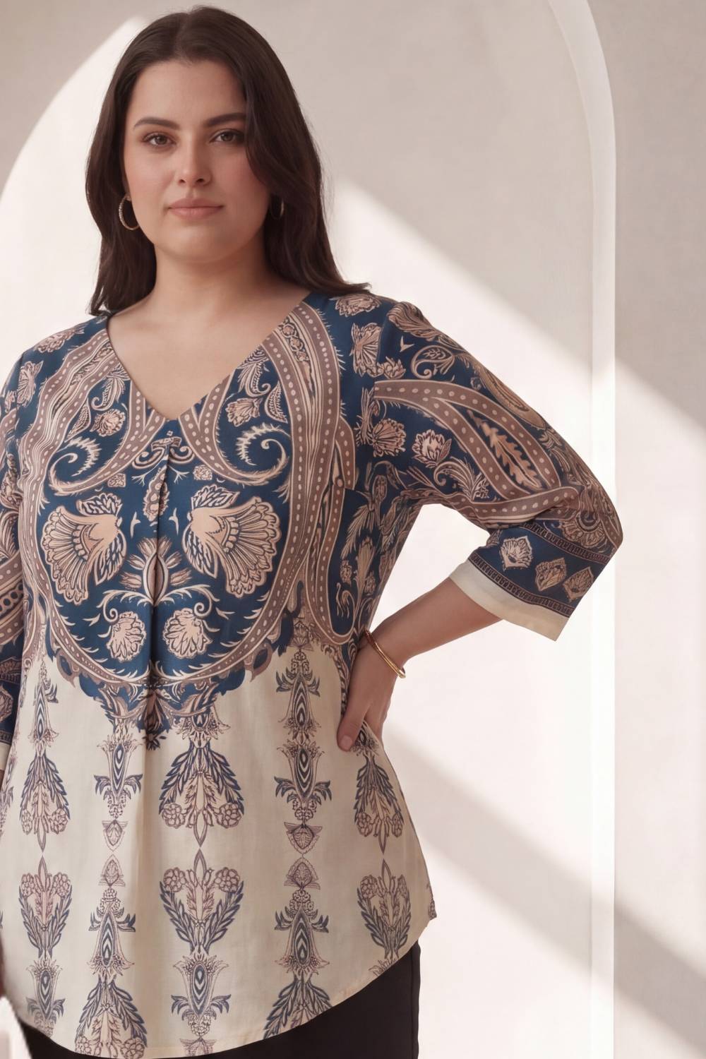 Plus Size Cream Luxe Ethnic Print Centre Pleat Top