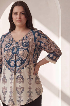 Plus Size Cream Luxe Ethnic Print Centre Pleat Top
