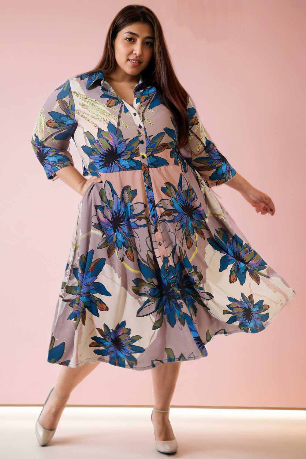 Plus Size Beige Floral Crepe Shirt Dress