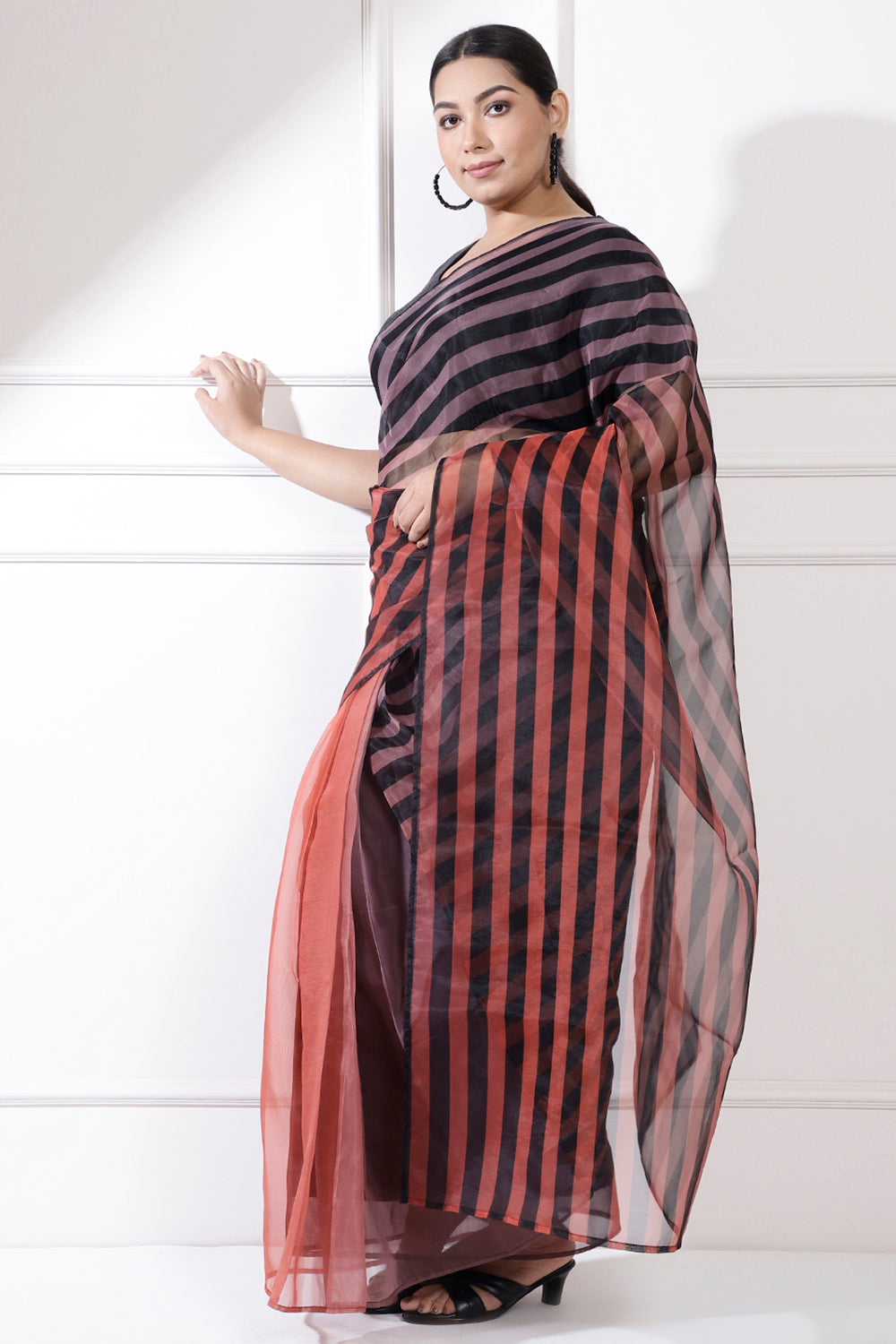 Plus Size Black Stripes Readymade Organza Saree for Women