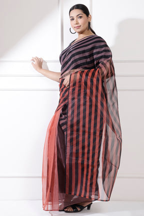 Plus Size Black Stripes Readymade Organza Saree