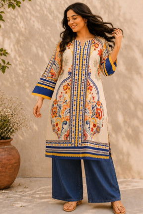 Plus Size Beige Ethnic Floral Print Cotton Kurta