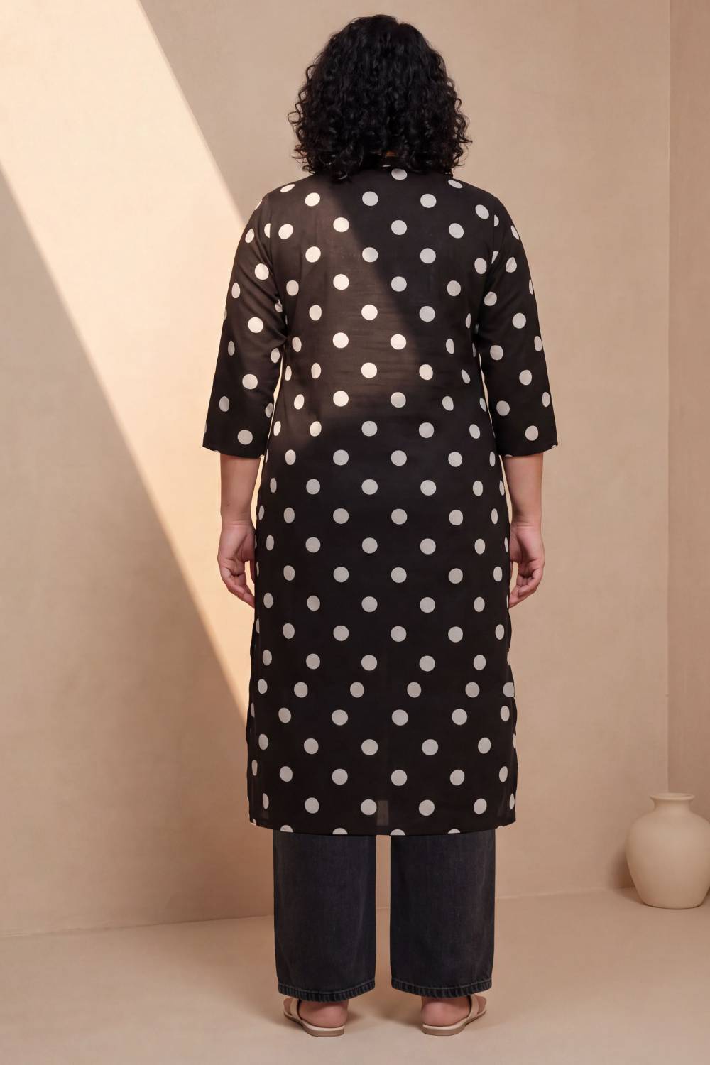 Plus Size Plus Size Black Polka Print Rayon V Neck Kurta