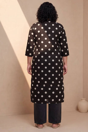 Plus Size Black Polka Print Rayon V Neck Kurta