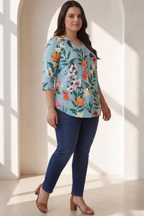 Plus Size Light Blue Floral Centre Pleat Top