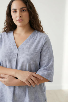 Plus Size Blue Chambray Pinstripe V-Neck Top