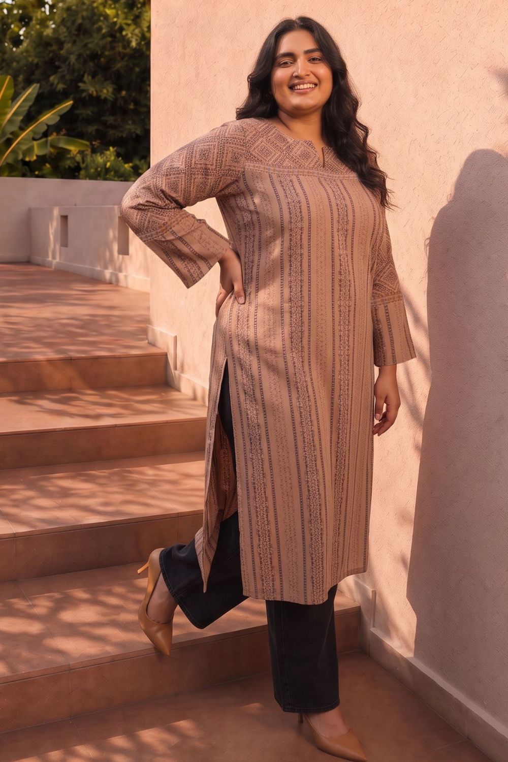 Buy Plus Size Ethnic Print Straight Cotton Kurta