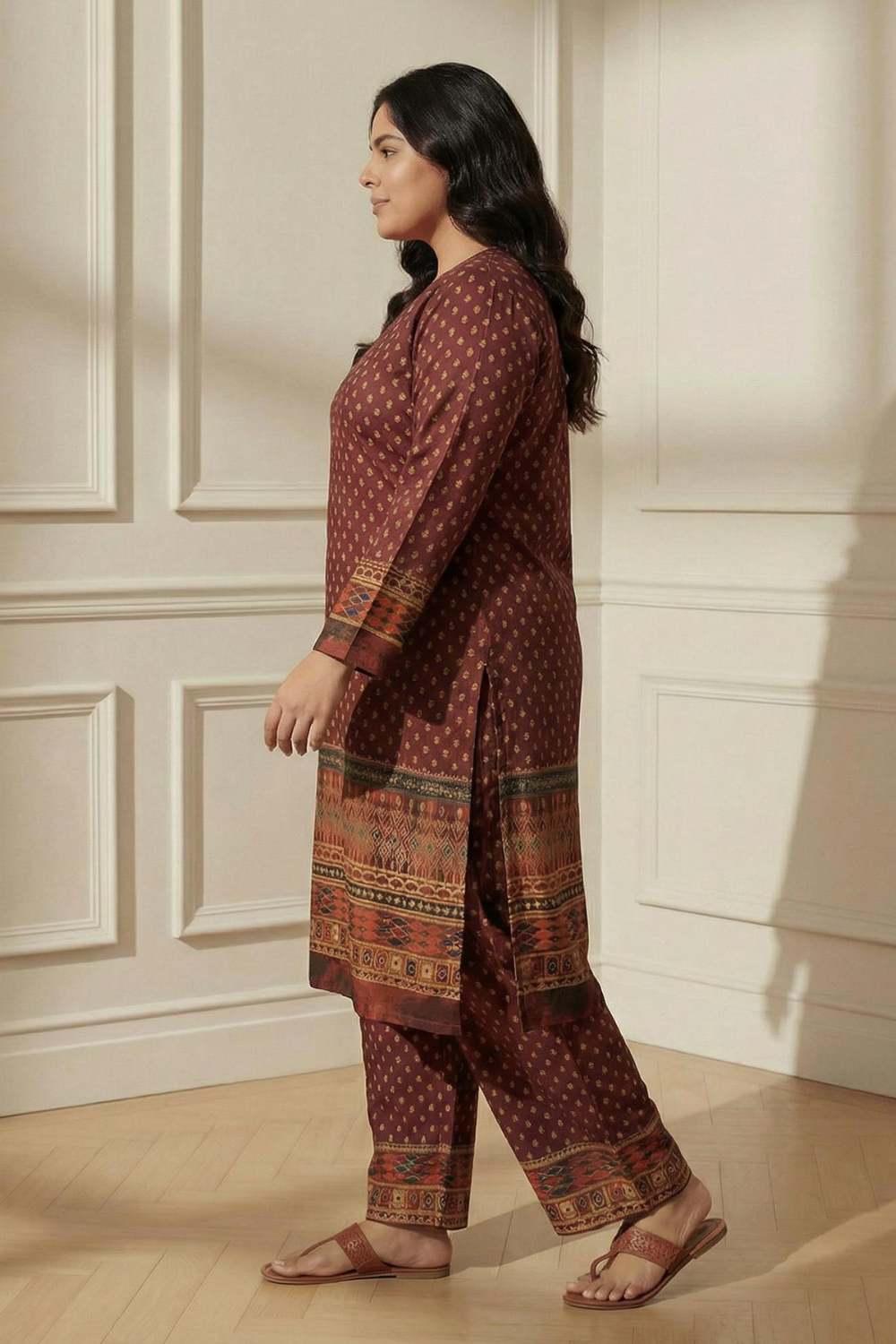 Plus Size Plus Size Maroon Border Print SnugWeave™ Winter Kurta Coord Set