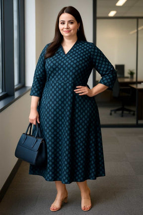 Plus Size Navy & Teal Polka Print Cotton Midi Dress