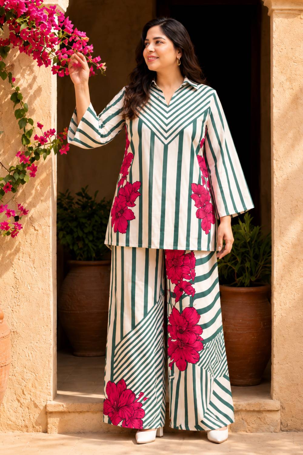 Plus Size Plus Size Green Stripe Floral Coord Set