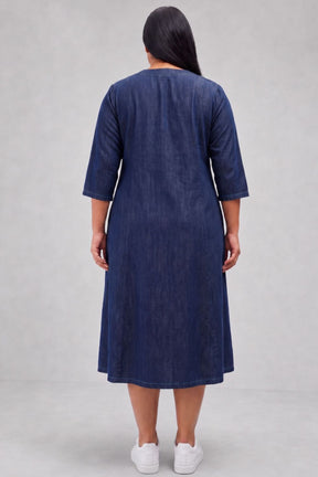 Plus Size Indigo Blue Denim Cotton A-Line Dress