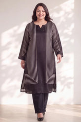 Plus Size Black Geometric Stripe Print Satin Georgette Kurta