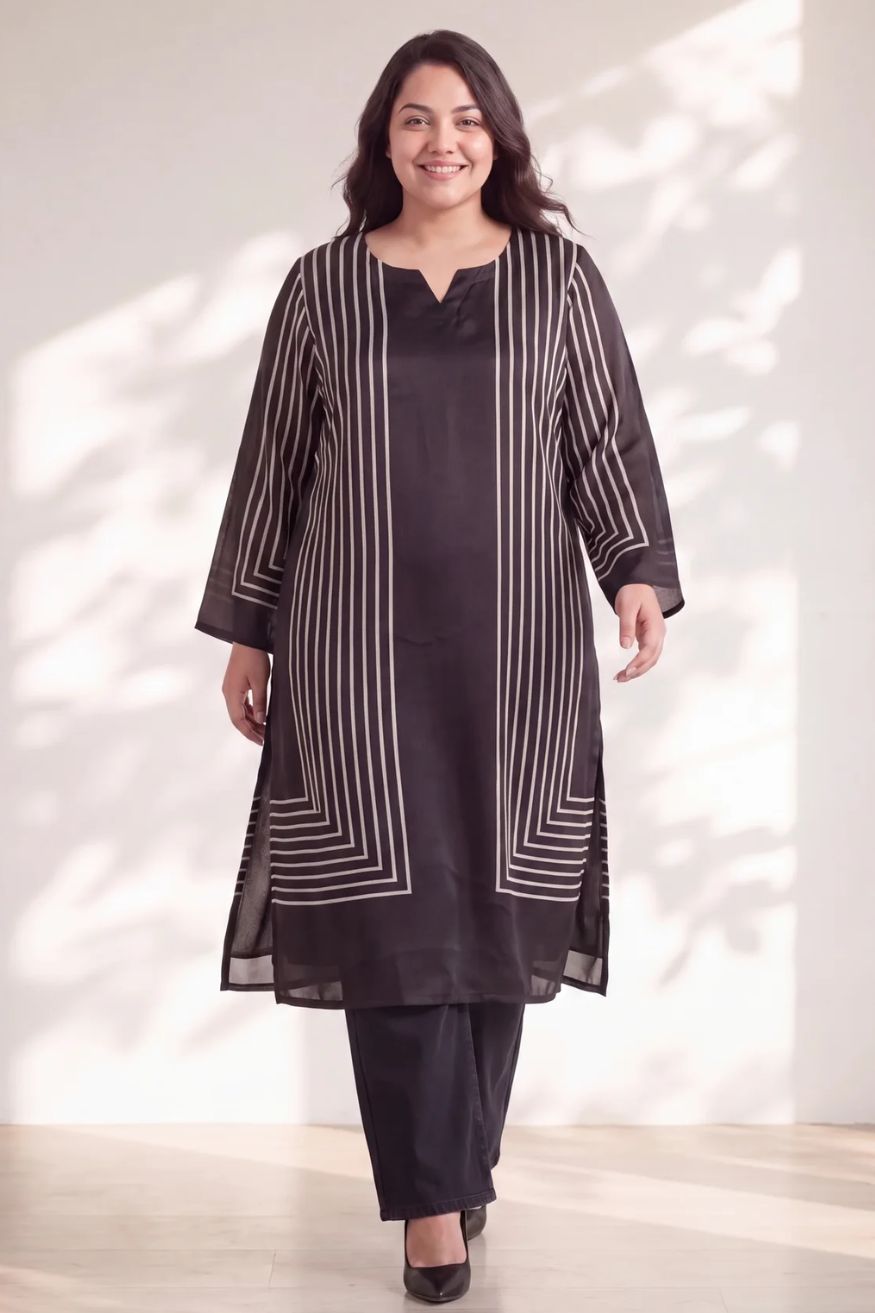 Plus Size Black Geometric Stripe Print Satin Georgette Kurta