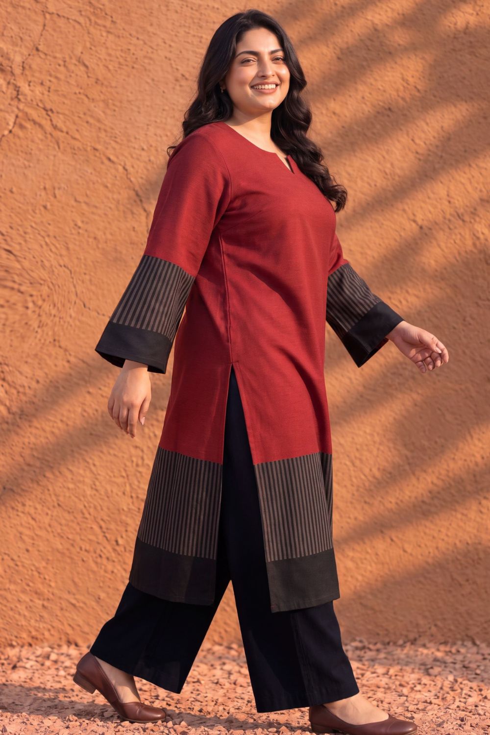 Buy Plus Size Bold Red Contrast Detail SnugWeave™  Kurta