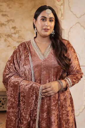 Plus Size Mocha Brown Velvet V Neck Suit Set