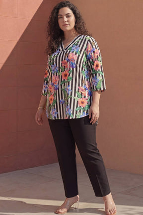 Plus Size Black Floral Stripes Top