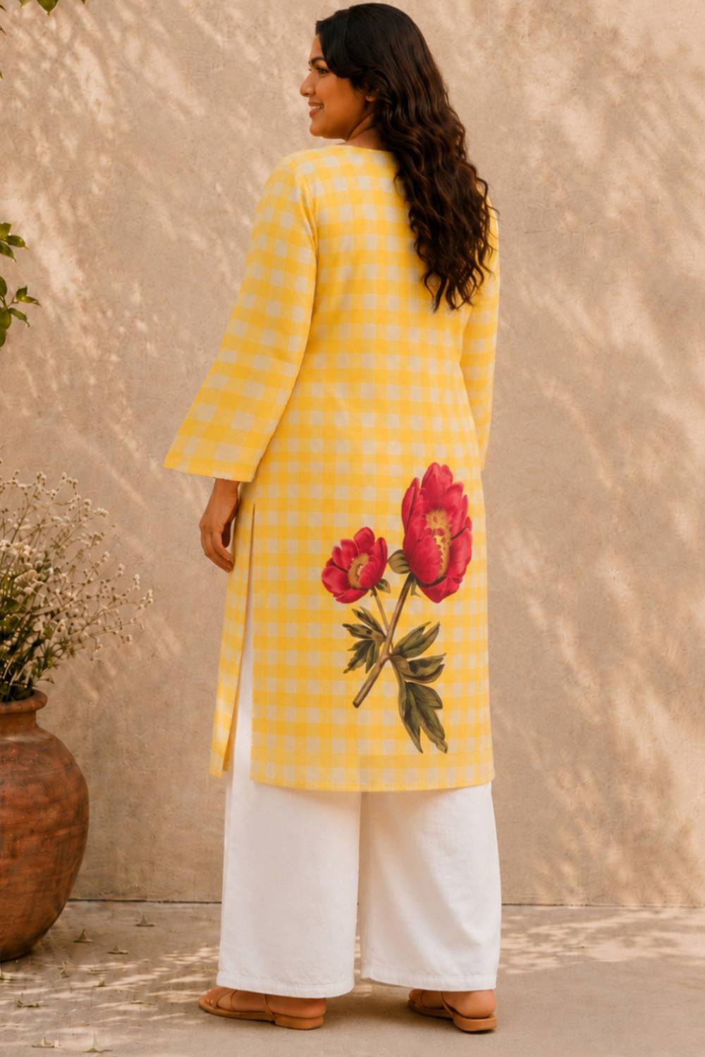 Plus Size Yellow Gingham Floral Print cotton Kurta