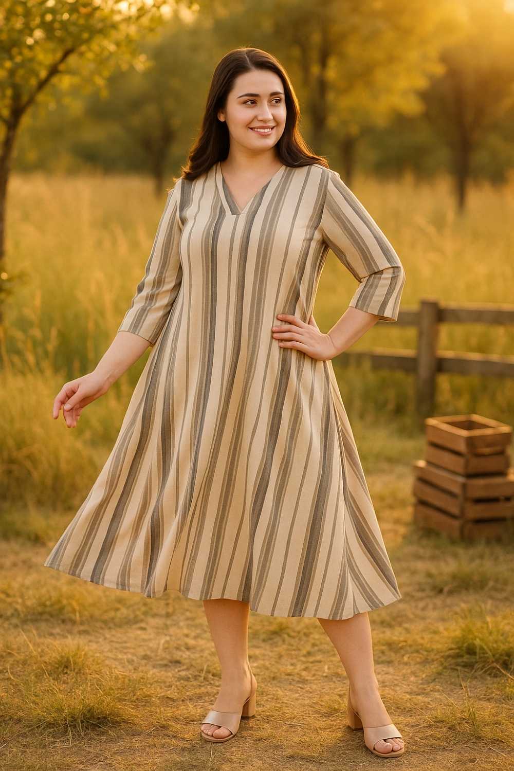 Plus Size Plus Size Olive Stripe Cotton Midi Dress
