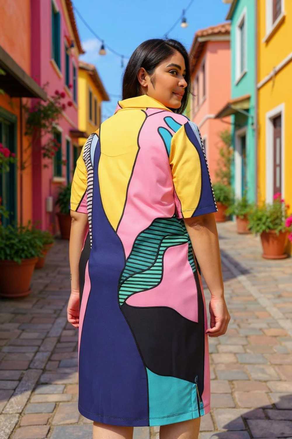 Comfortable Plus Size Modern Art Printed Polo Dress