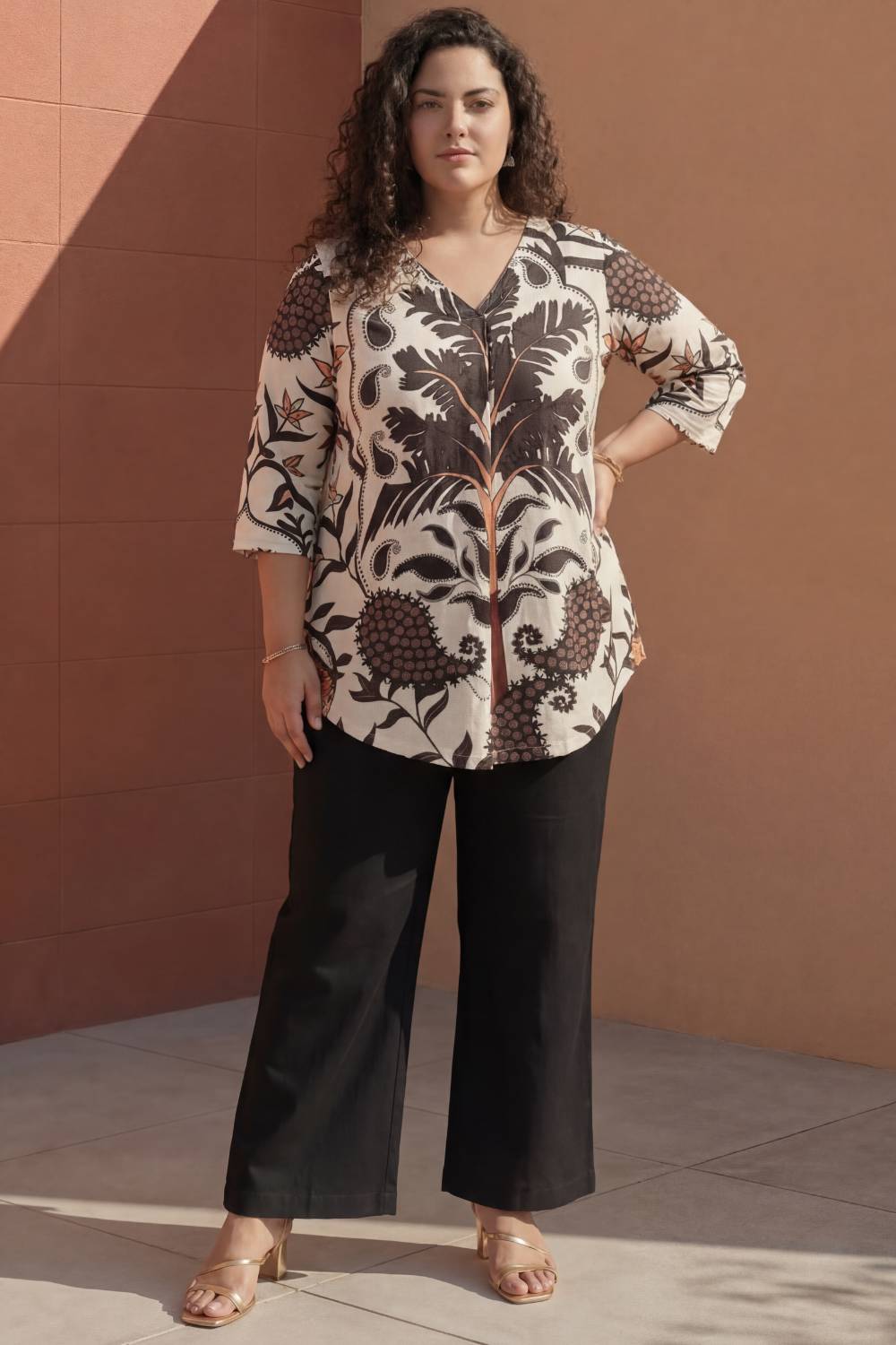 Plus Size Off White Placement Printed Centre Pleat Top