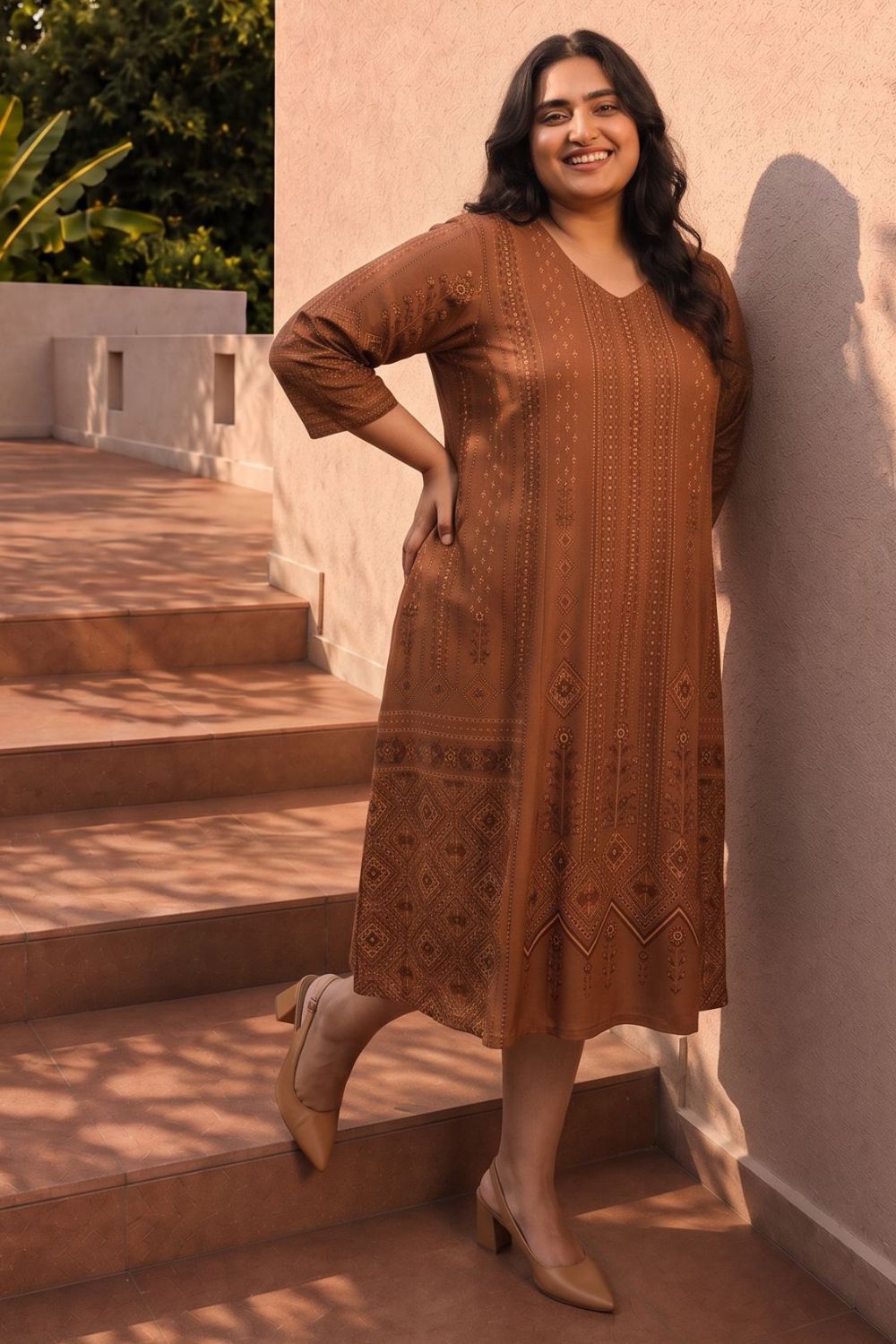 Buy Plus Size Brown Ethnic Print Midi Dress