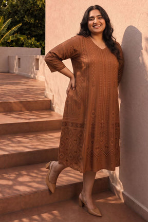 Plus Size Brown Ethnic Print Midi Dress