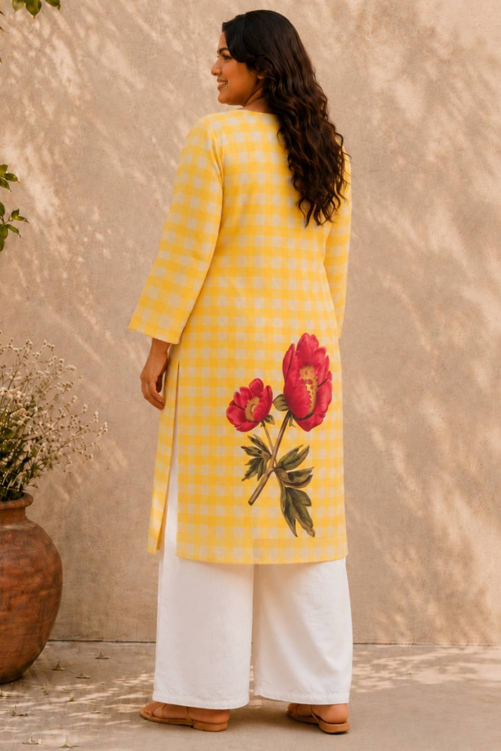 Plus Size Yellow Gingham Floral Print cotton Kurti for Women