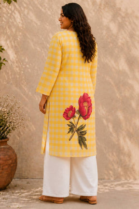 Plus Size Yellow Gingham Floral Print cotton Kurti