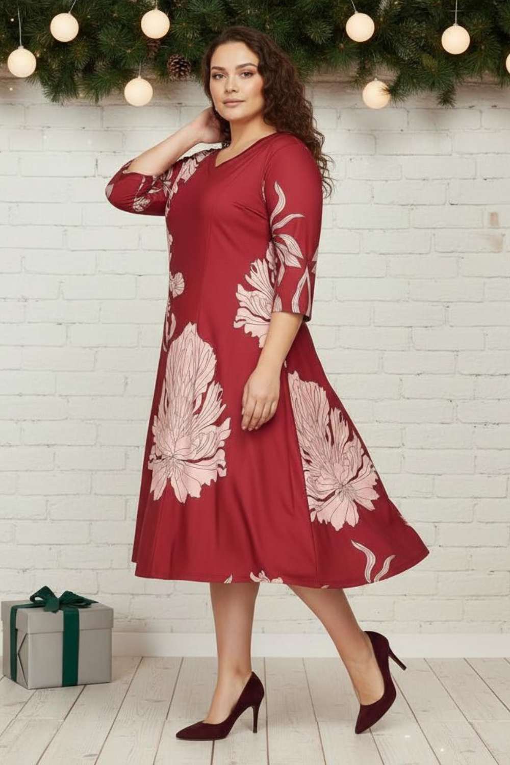 Plus Size Red White Tropical Print A line Dress