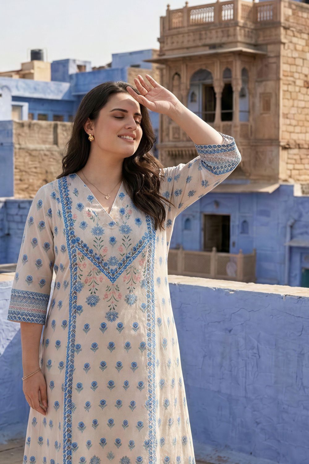 Buy Plus Size Beige Blue Floral Buta Print Cotton Midi Dress