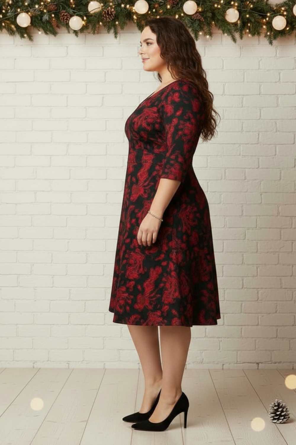 Plus Size Plus Size Red Floral A Line SnugWeave™ Winter Dress