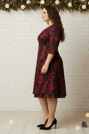 Plus Size Red Floral A Line SnugWeave™ Winter Dress