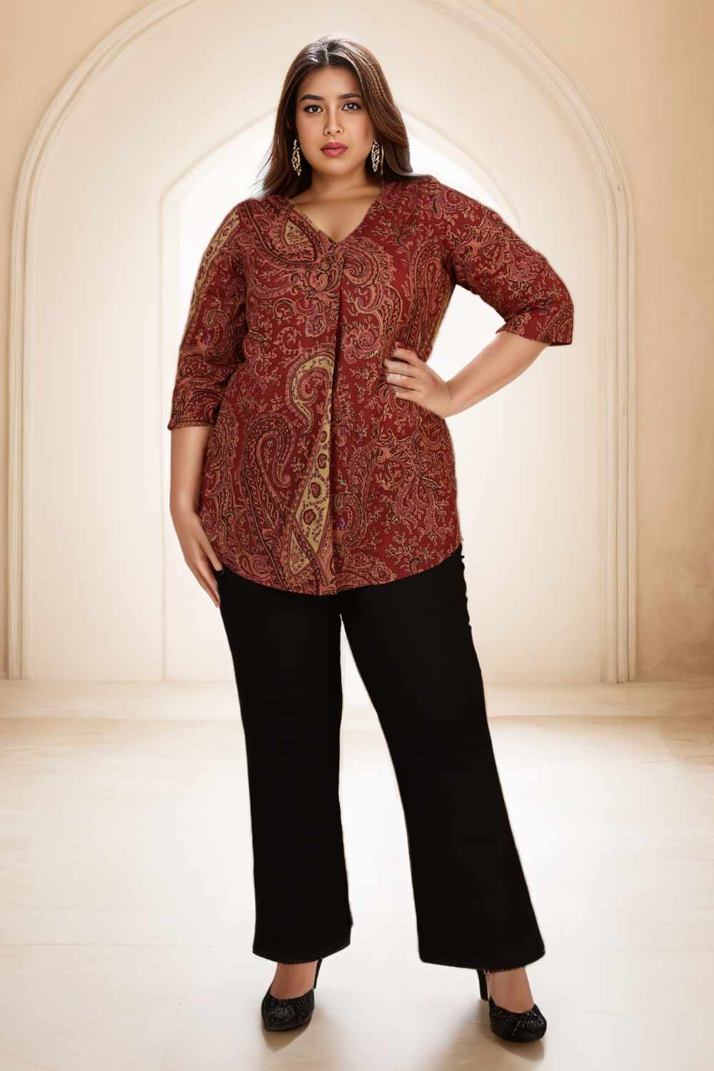 Plus Size Maroon Paisley Print Cotton Plus Size Top