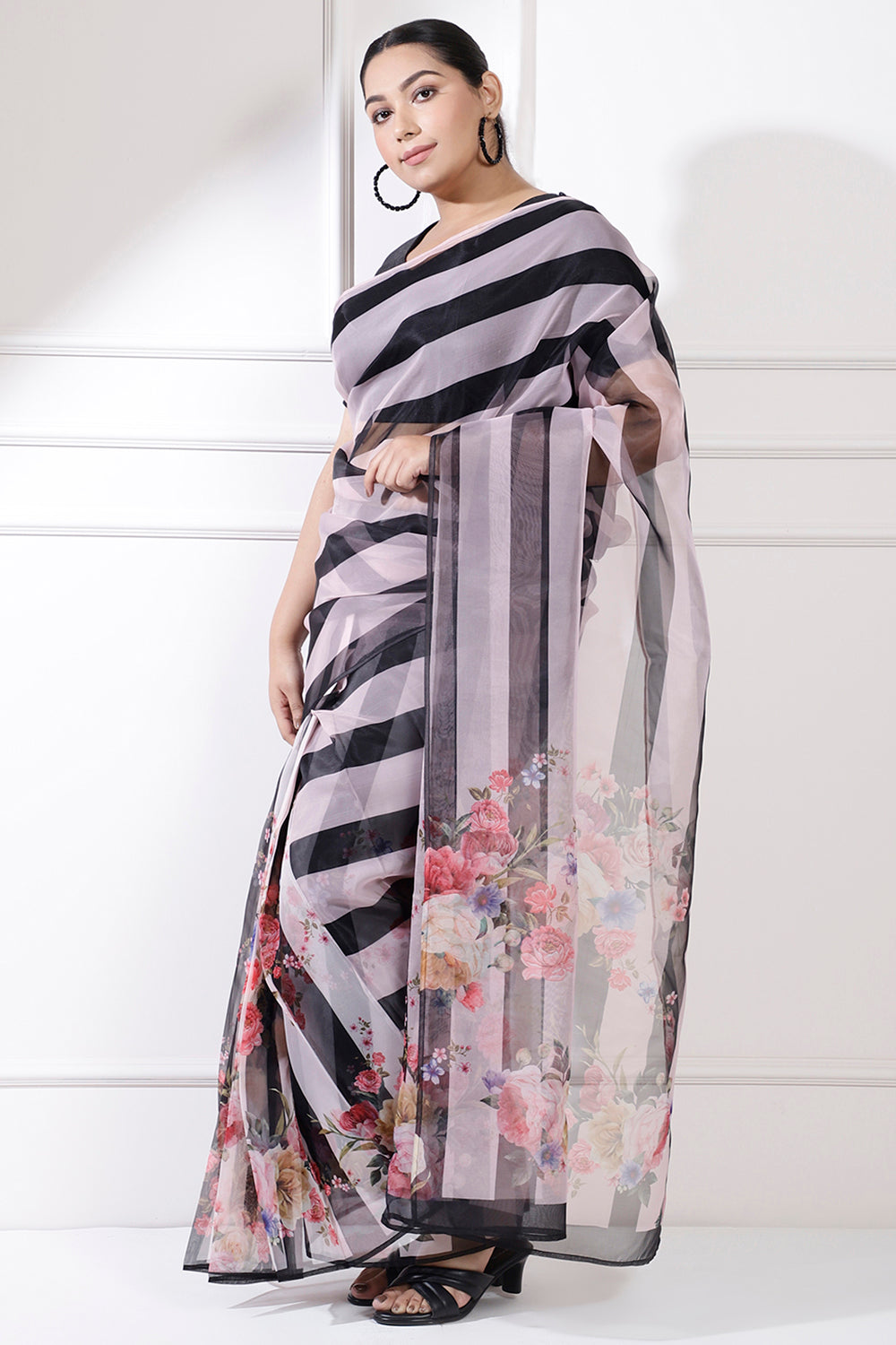 Buy Plus Size Black Striped Floral Readymade Organza Saree