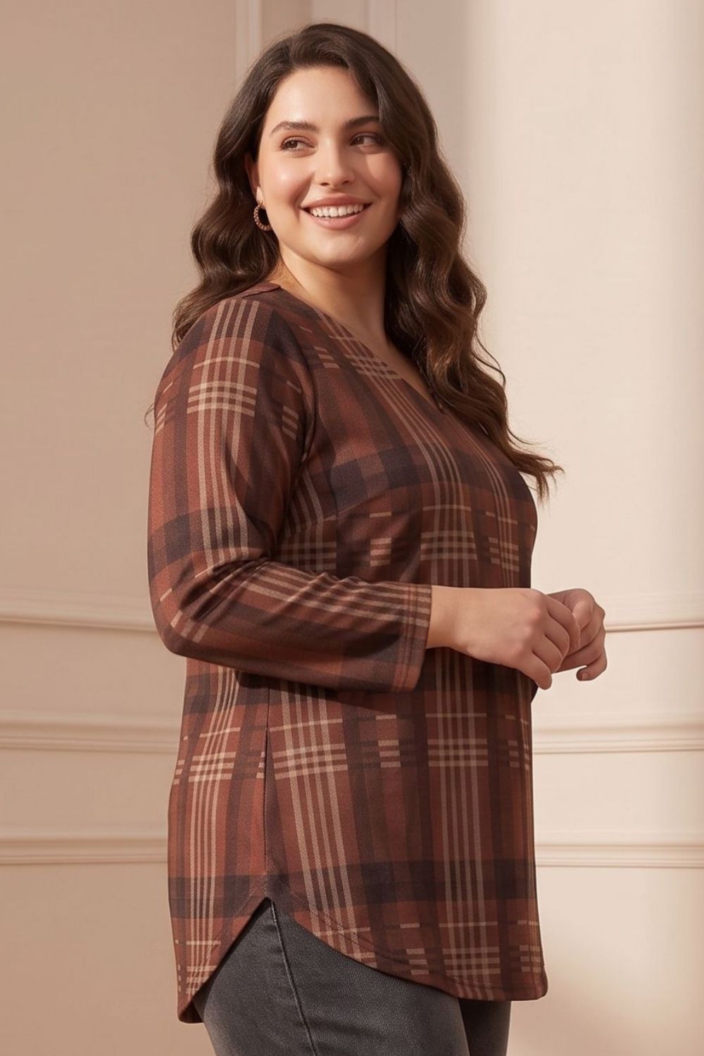 Plus Size Plus Size Brown Checkered Print SnugWeave Winter Top