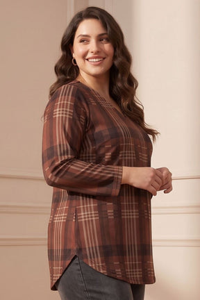 Plus Size Brown Checkered Print SnugWeave Winter Top