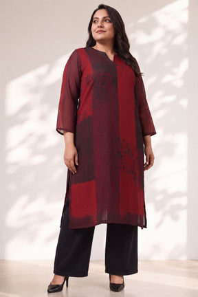 Plus Size Red and Deep Black Abstract Textured Print Georgette Kurta