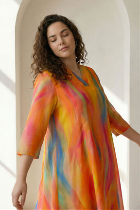 Plus Size Multicolor Abstract Print Cotton Midi Dress