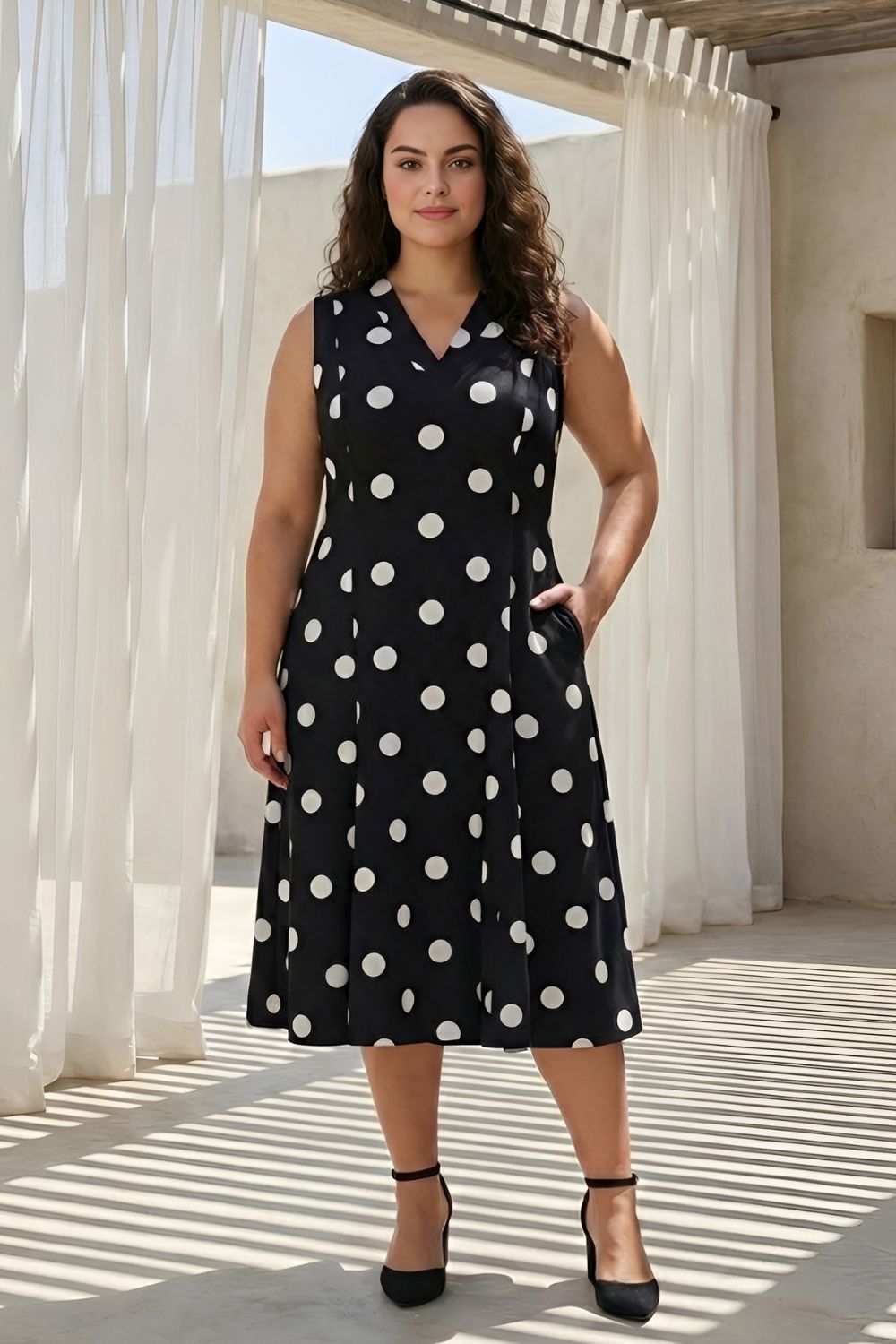 Plus Size Black Polka Print Sleeveless Rayon Midi Dress