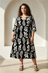 Plus Size Black & White Leaf Print Rayon Midi Dress