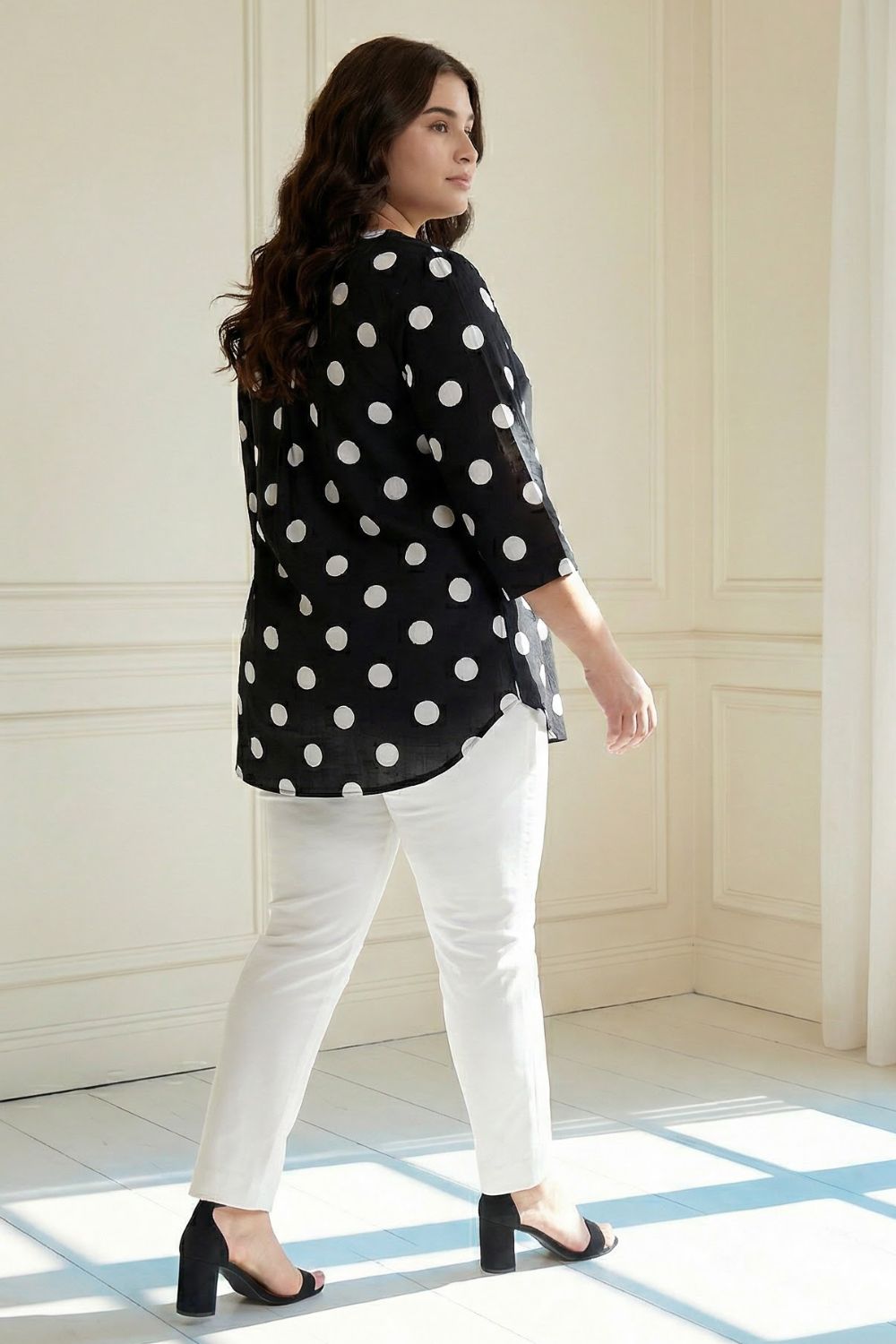 Comfortable Plus Size Black Polka Print V Neck Rayon Top