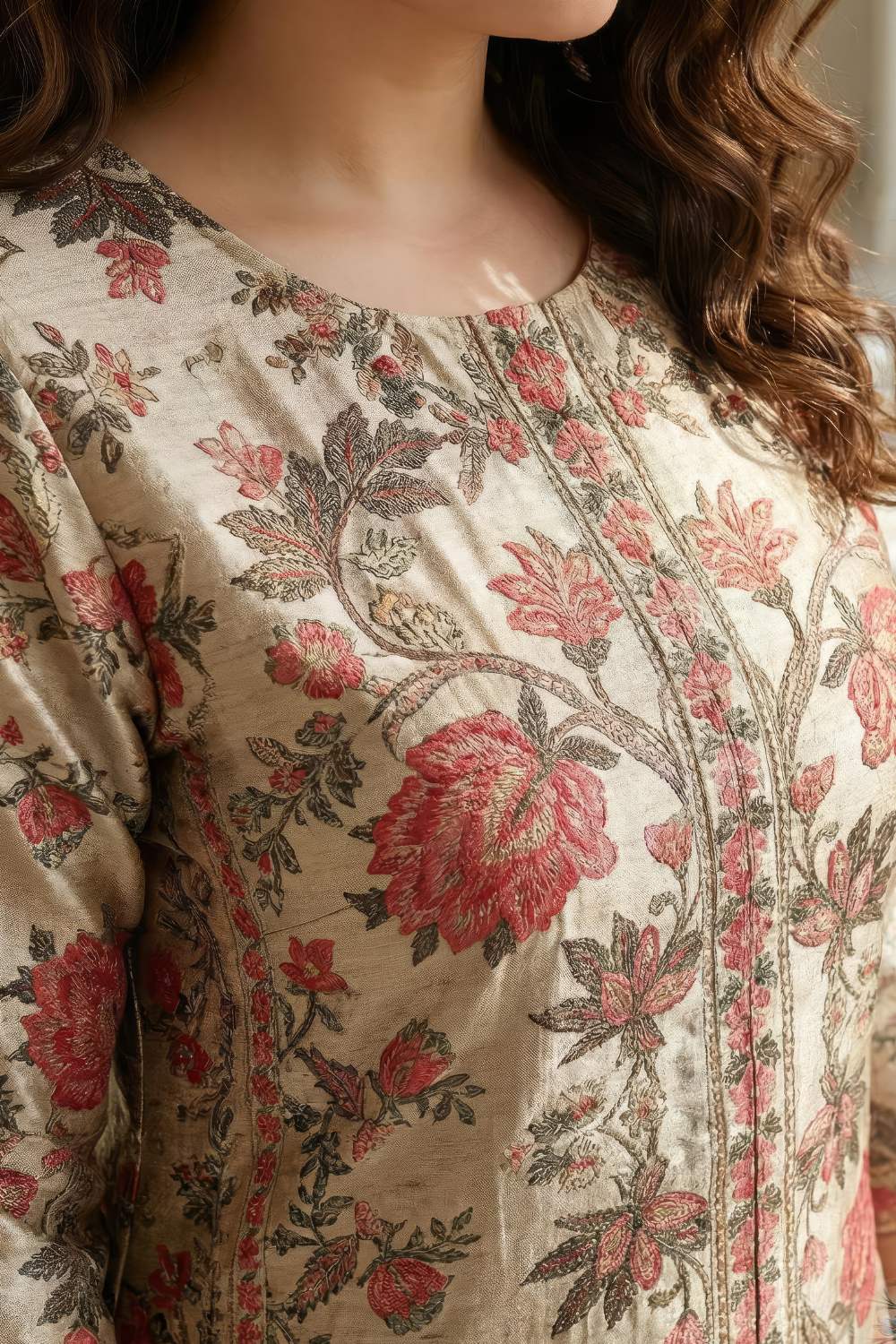 Comfortable Ethnic Floral Round Neck Velvet Kurta