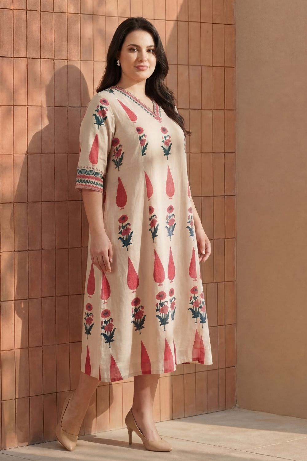 Plus Size Beige Floral Buta Print Cotton Midi Dress