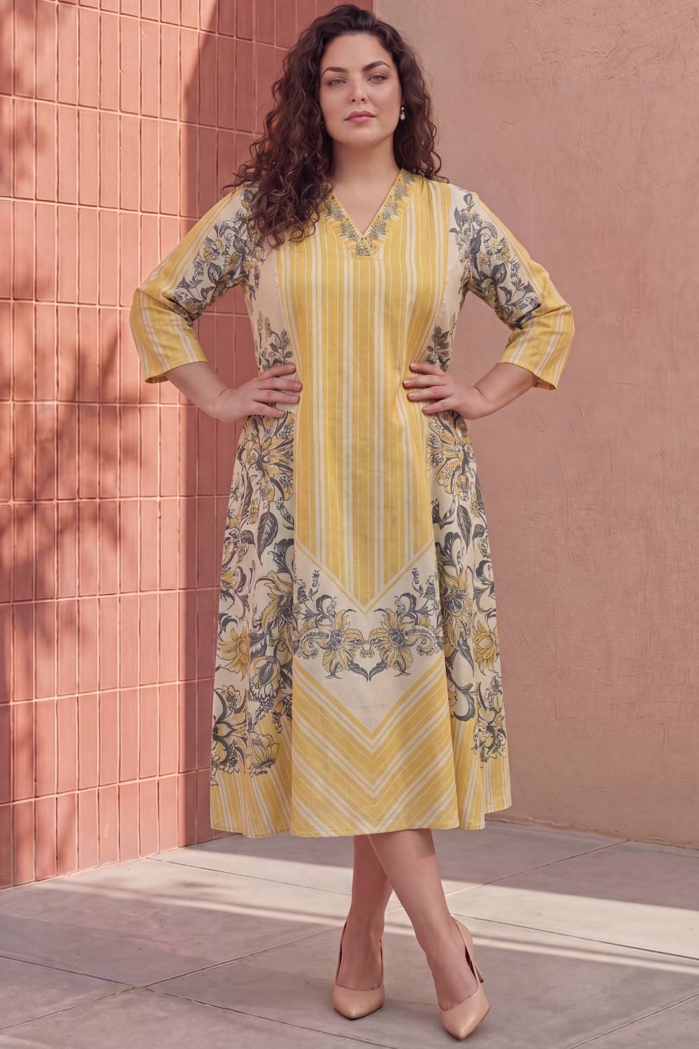 Comfortable Plus Size Yellow Floral A-Line Cotton Midi Dress